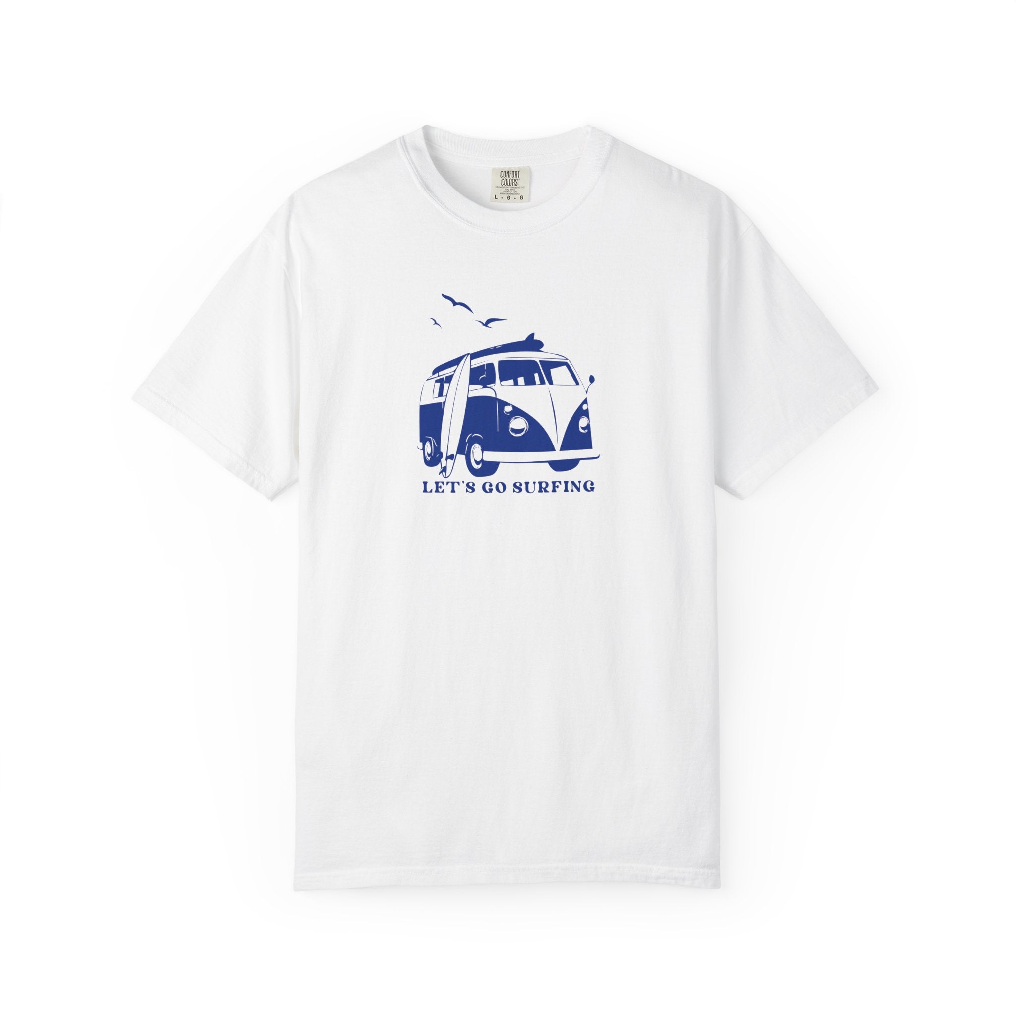 White t-shirt with blue graphic of a van and 'Let's Go Surfing' text on a white background