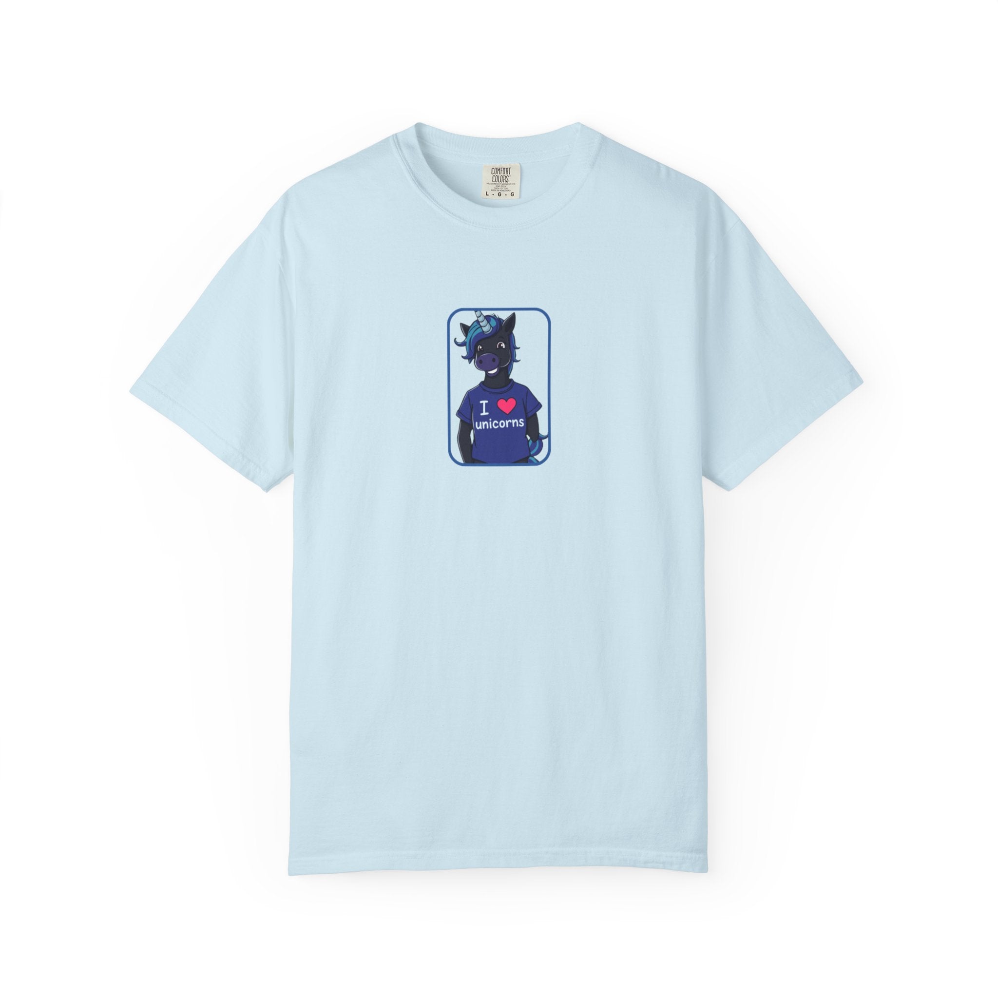 Light blue t-shirt with a graphic of a character wearing a helmet and 'I love unicorns' text on a white background