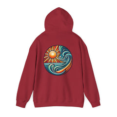 Sunset Wave Graphic Hoodie – Red Unisex Pullover, Beach & Surf Style
