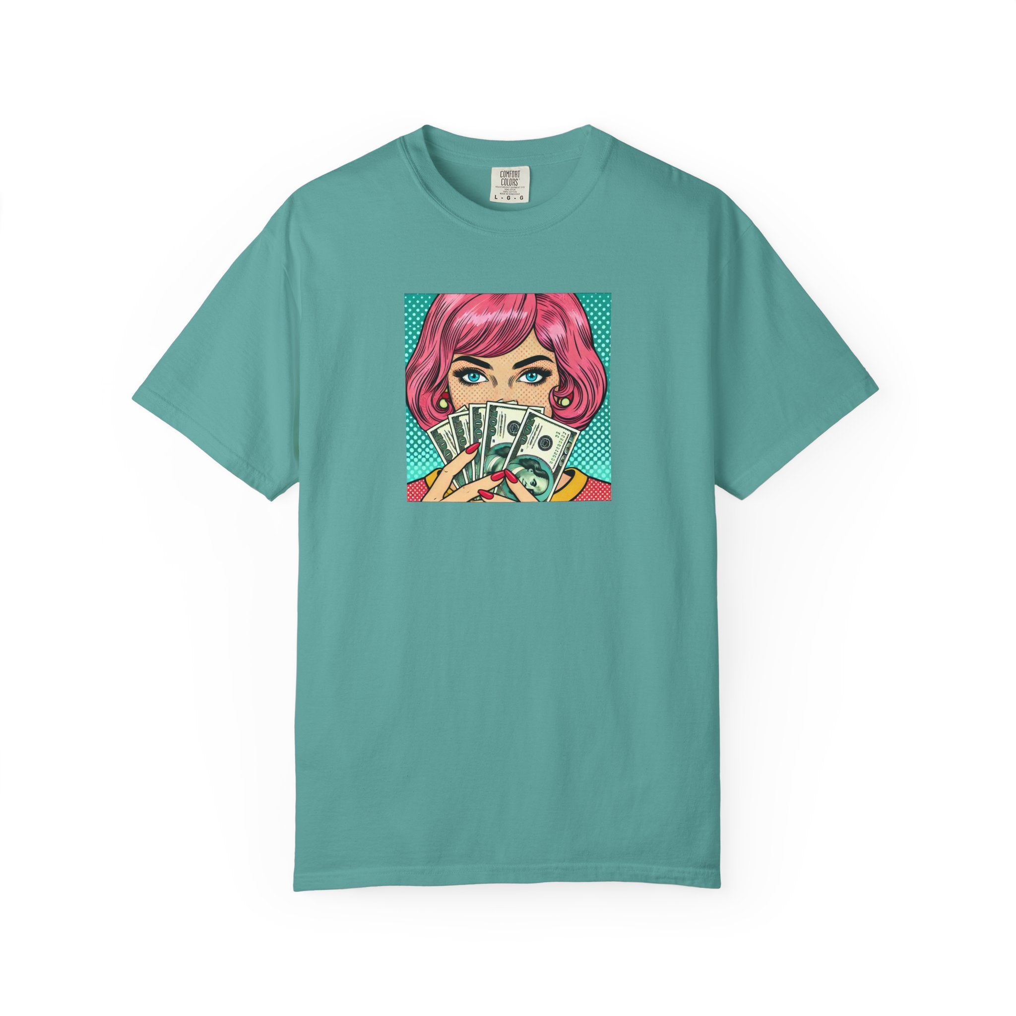 Teal t-shirt with a graphic of a person with pink hair holding money on a white background