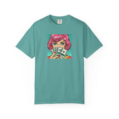 Teal t-shirt with a graphic of a person with pink hair holding money on a white background