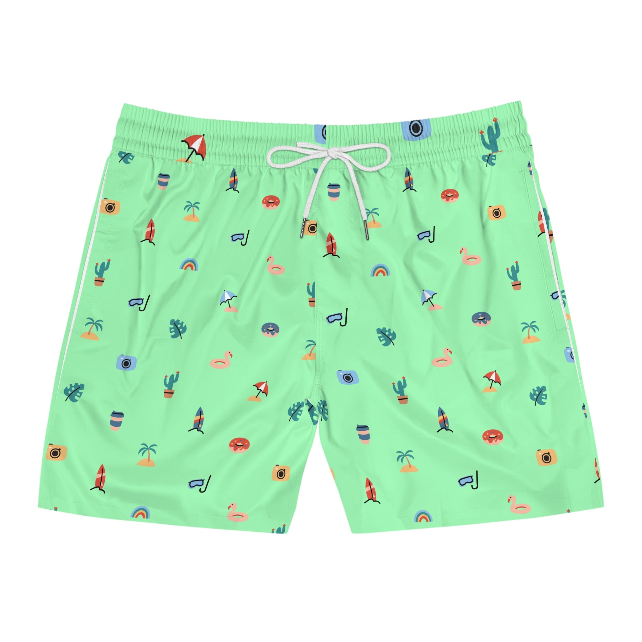 Green swim shorts with colorful patterns on a white background