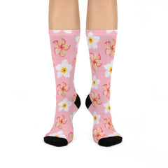 Pink Plumeria Floral Crew Socks: Fun Spring Flower Pattern