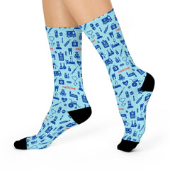 Blue Medical-Themed Cushioned Crew Socks Comfortable One-Size Socks