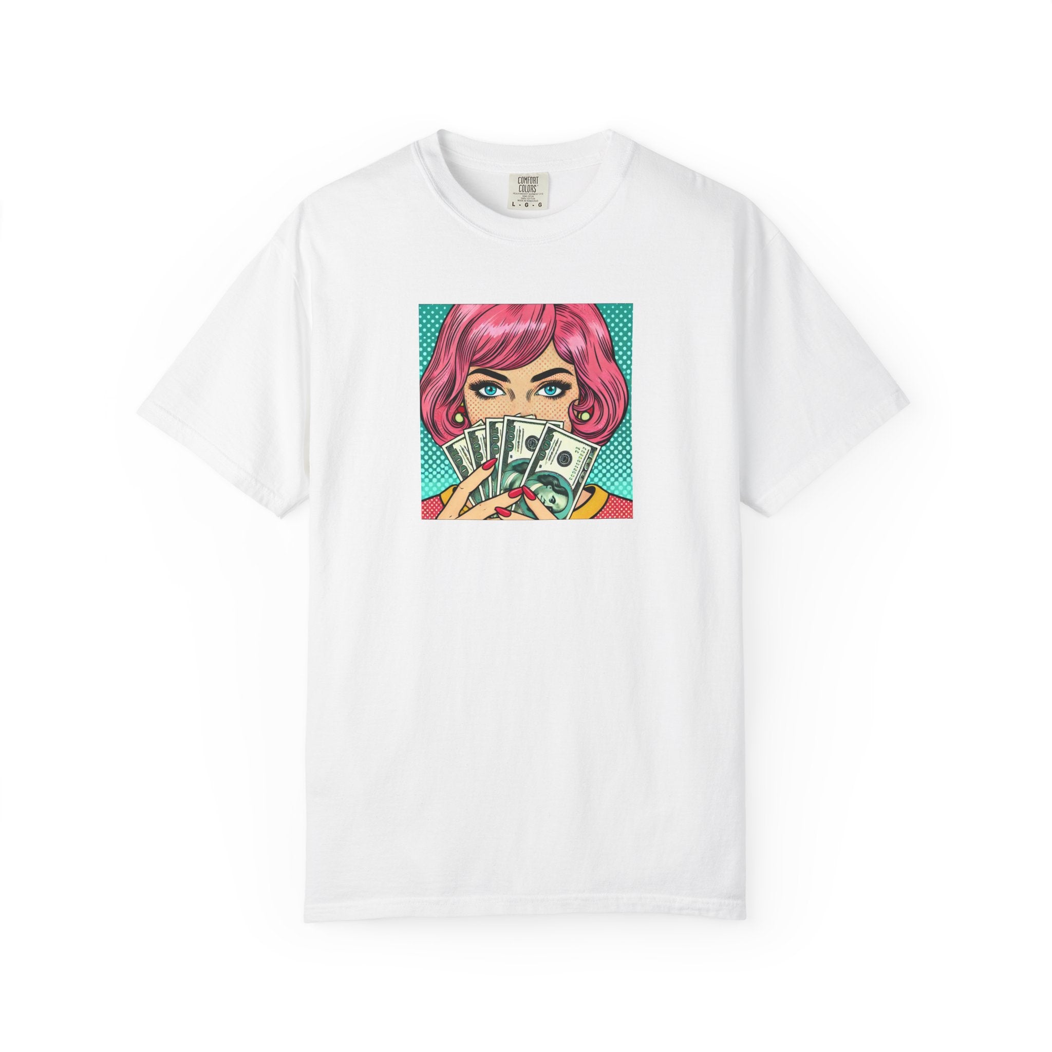White t-shirt with a colorful graphic of a woman holding money on a white background