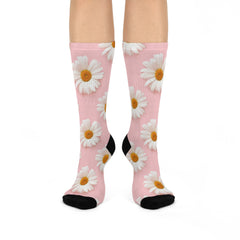 Pink Daisy Print Socks: Spring Floral Pattern, Combed Cotton Blend