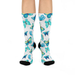 Beautiful Blue Butterflies Printed Crew Socks