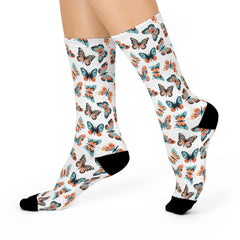 Butterfly Pattern Crew Socks: Unisex Cushioned Whimsical Socks