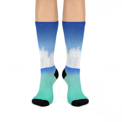 Cloud Sky Print Socks: Dreamy Blue Gradient Crew Socks