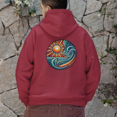 Sunset Wave Graphic Hoodie – Red Unisex Pullover, Beach & Surf Style