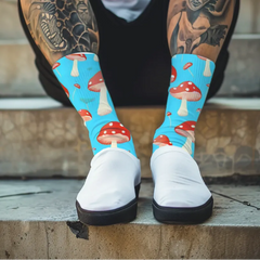 Shroom Socks Blue Cushioned Crew Socks with Mushroom Pattern