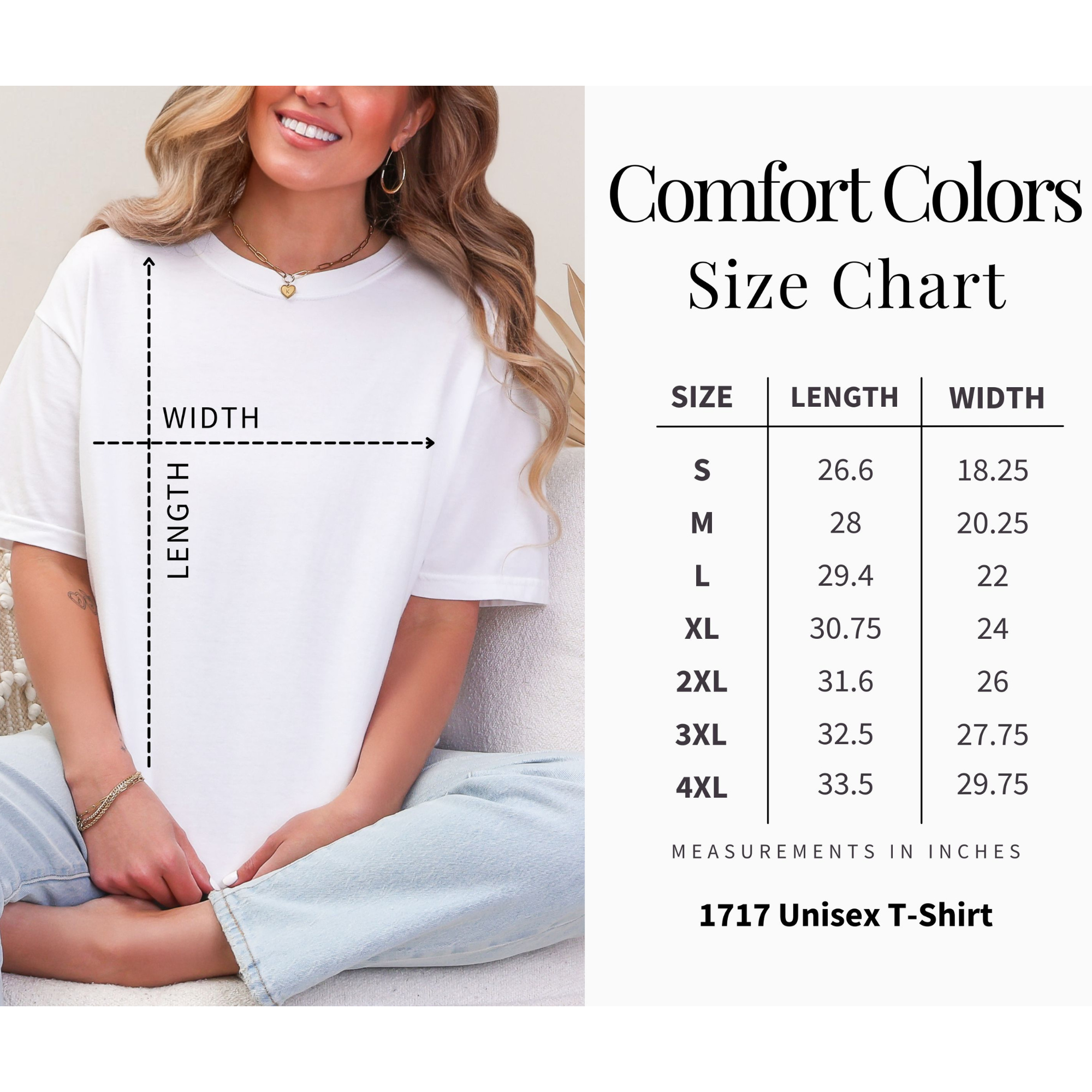 Woman wearing a white t-shirt with a size chart on the right side.