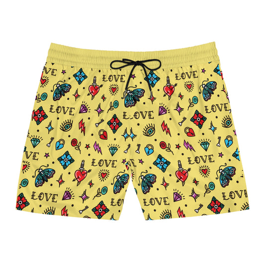 Men's Swim Shorts with Tattoo Love Design - Colorful Tattoo Pattern Quick-Dry Swim Trunks