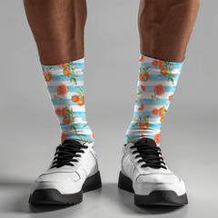 Citrus Garden Crew Socks: Orange & Lemon Print, Blue Stripes
