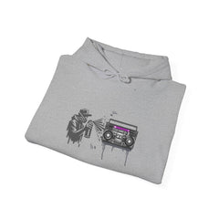 Sport Gray Graffiti Hoodie with Boom Box – Unisex Urban Art Sweatshirt
