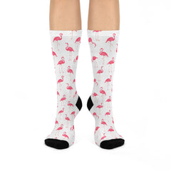 Flamingo Print Crew Socks: Unisex White Casual Socks