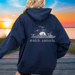 Navy Beach Sunset Hoodie – Unisex Coastal Graphic Sweatshirt