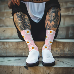 Pink Daisy Print Socks: Spring Floral Pattern, Combed Cotton Blend