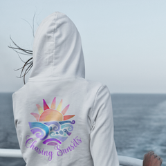 Oversized Pink Beach Hoodie – Sunset Graphic, Unisex Cozy Pullover