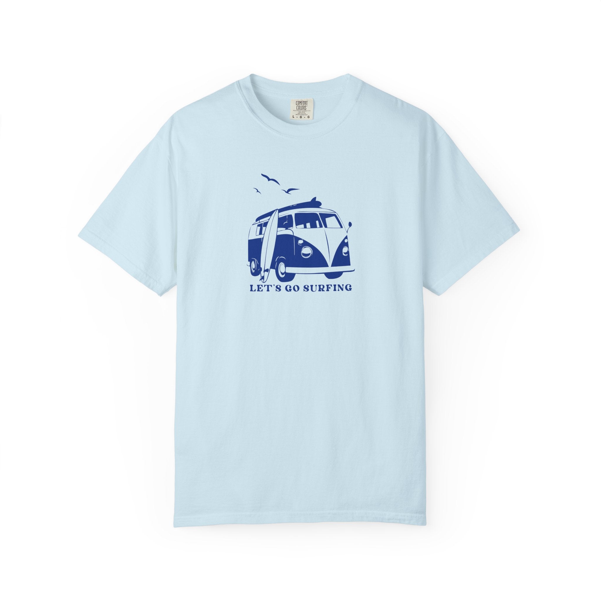 Light blue t-shirt with a blue graphic and text 'Let's Go Surfing' on a white background