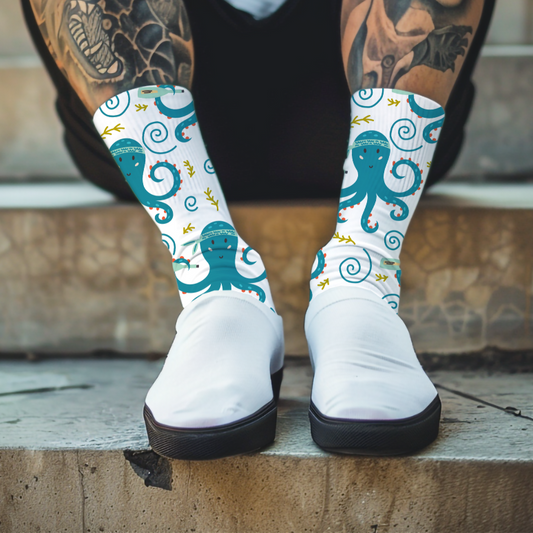 Drunk Octopus Print Crew Socks: Quirky Ocean Lover Gift