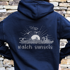 Navy Beach Sunset Hoodie – Unisex Coastal Graphic Sweatshirt