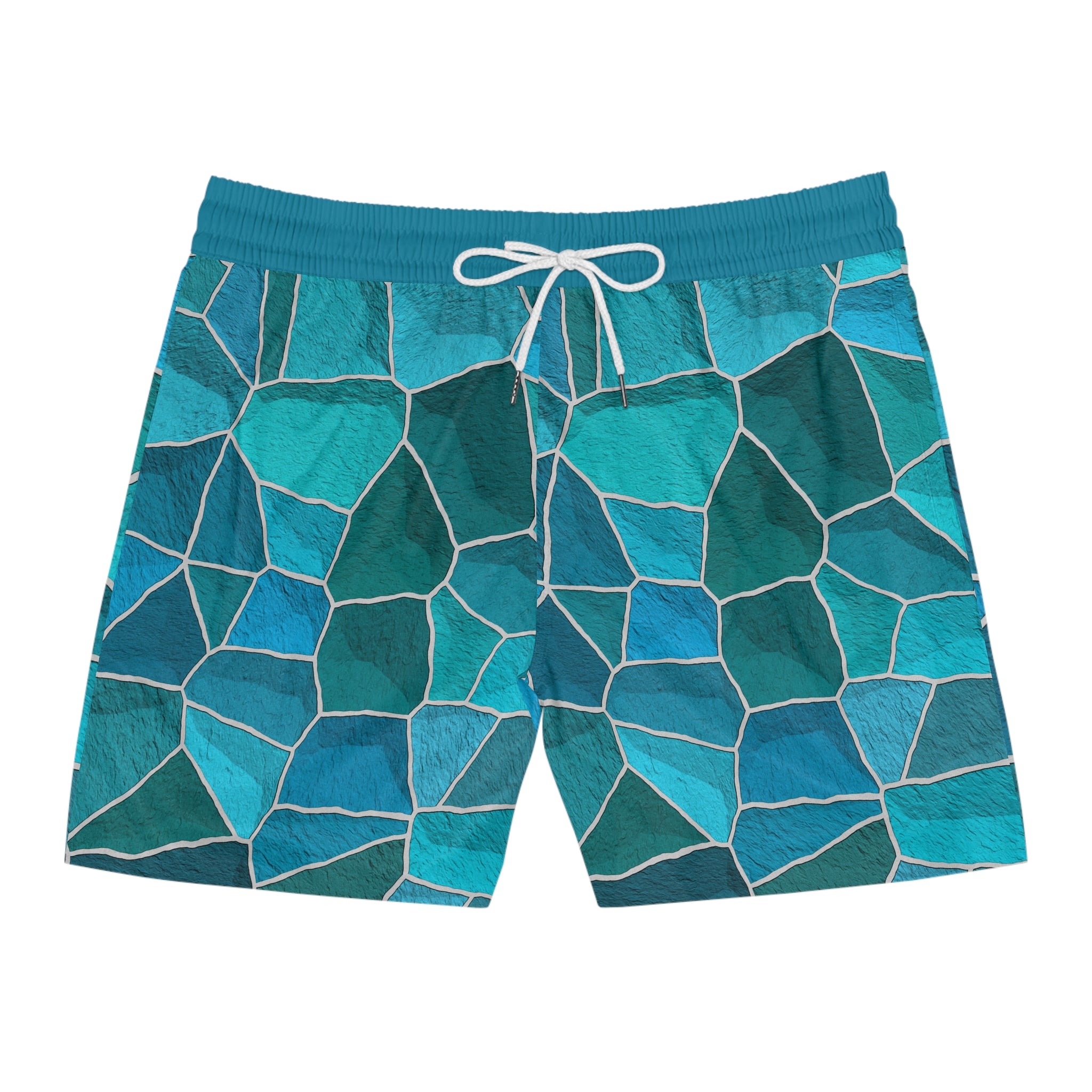 Blue mosaic patterned shorts on a white background