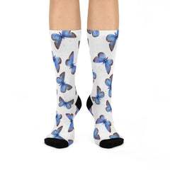 Blue Butterfly Print Socks: Cushioned Nature Lover Crew Socks