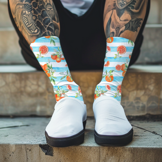 Citrus Garden Crew Socks: Orange & Lemon Print, Blue Stripes