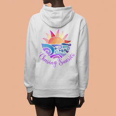Oversized Pink Beach Hoodie – Sunset Graphic, Unisex Cozy Pullover