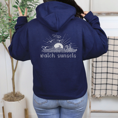 Navy Beach Sunset Hoodie – Unisex Coastal Graphic Sweatshirt