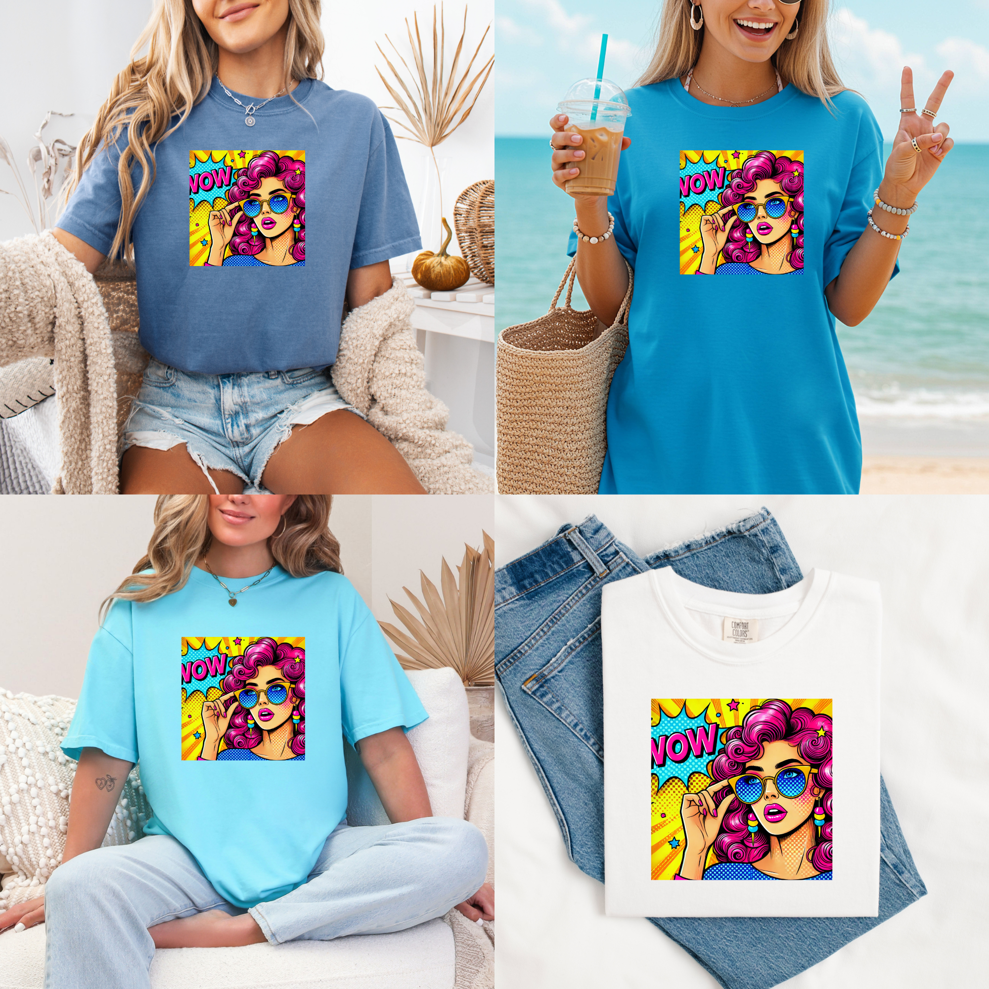 Woman wearing a blue t-shirt with a colorful graphic design, sitting on a couch and at the beach.
