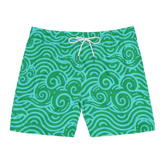 Green Swirlies Men's Mid-Length Swim Shorts (AOP)