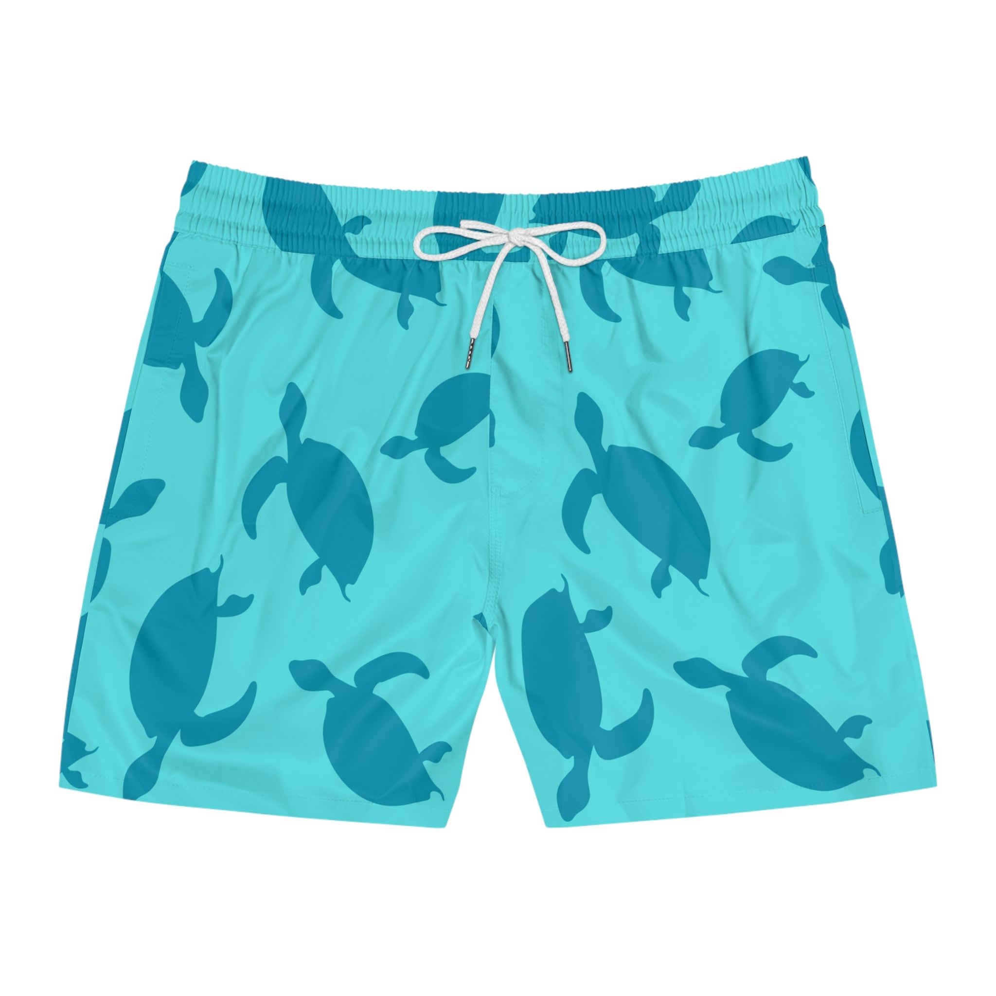 Turquoise swim shorts with turtle pattern on a white background