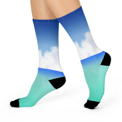 Cloud Sky Print Socks: Dreamy Blue Gradient Crew Socks