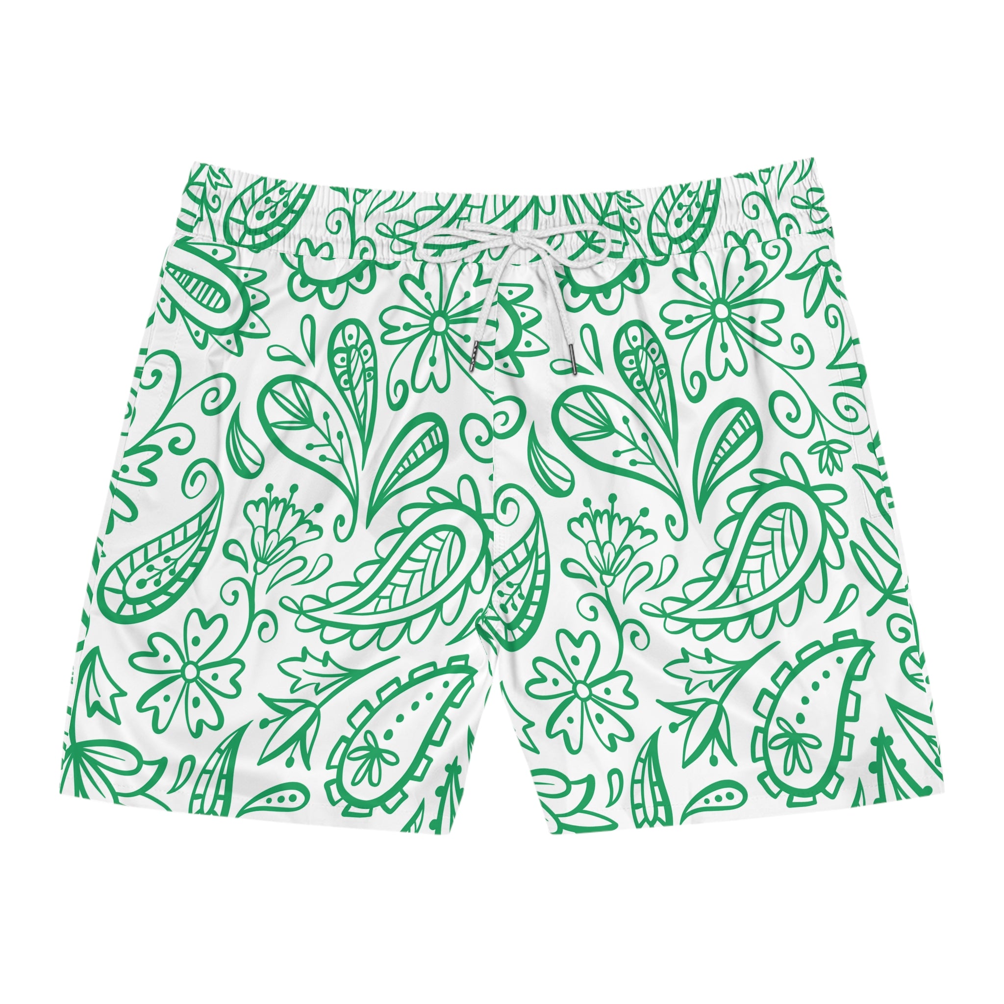 Green floral patterned shorts on a white background