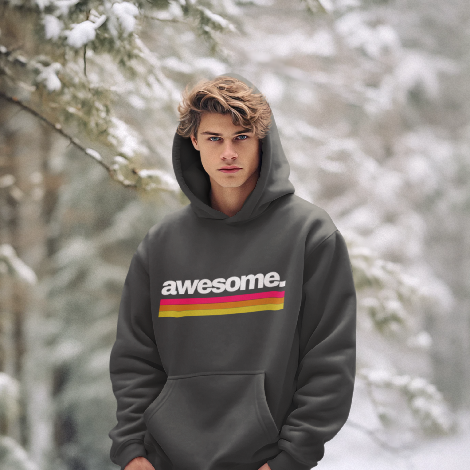 Person wearing a hoodie with 'awesome' text in a snowy forest