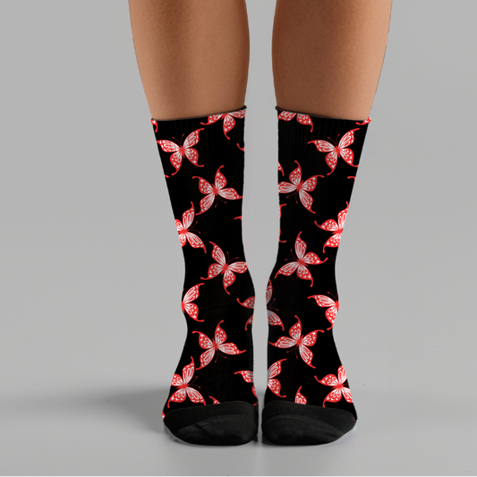 Red Butterfly Print Crew Socks: Gothic Cushioned Design