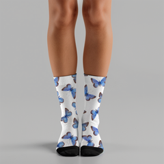 Blue Butterfly Print Socks: Cushioned Nature Lover Crew Socks