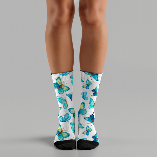 Beautiful Blue Butterflies Printed Crew Socks