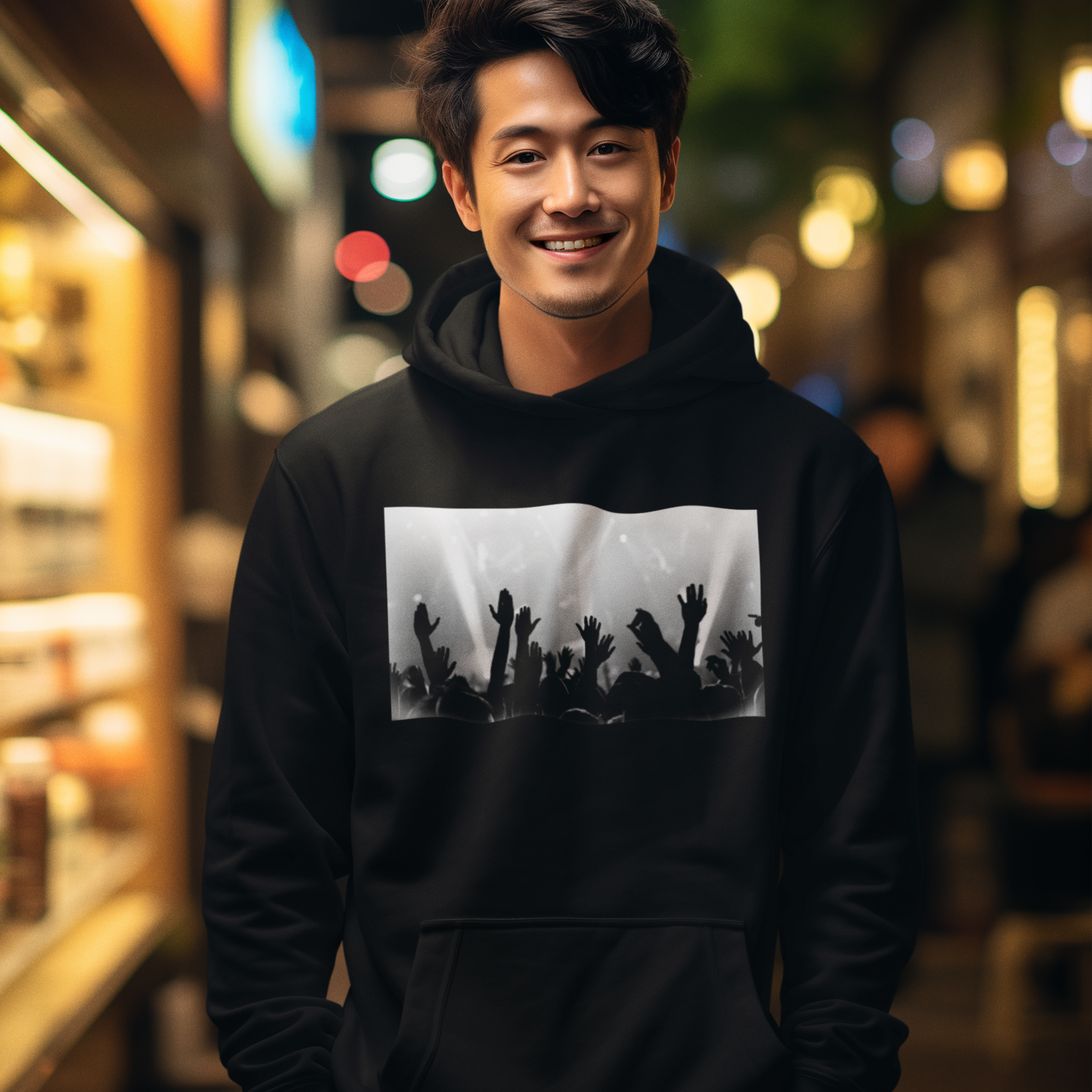 Man wearing a black hoodie with a graphic design, standing in a blurred street background