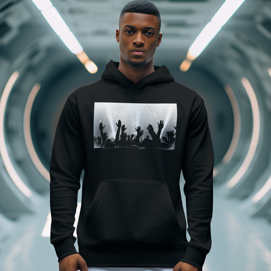 Person wearing a black hoodie with a graphic design in a futuristic setting