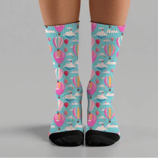 Hot Air Balloon Crew Socks: Pink & Blue Cushioned Socks