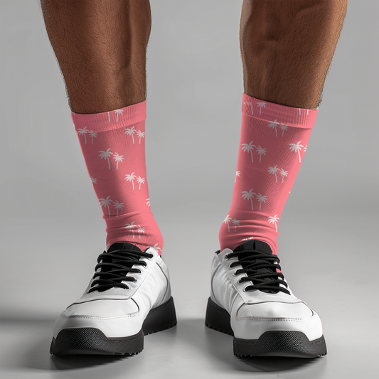 Pink Palm Tree Crew Socks: Unisex Tropical Beach Vibes