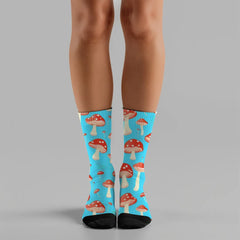Shroom Socks Blue Cushioned Crew Socks with Mushroom Pattern