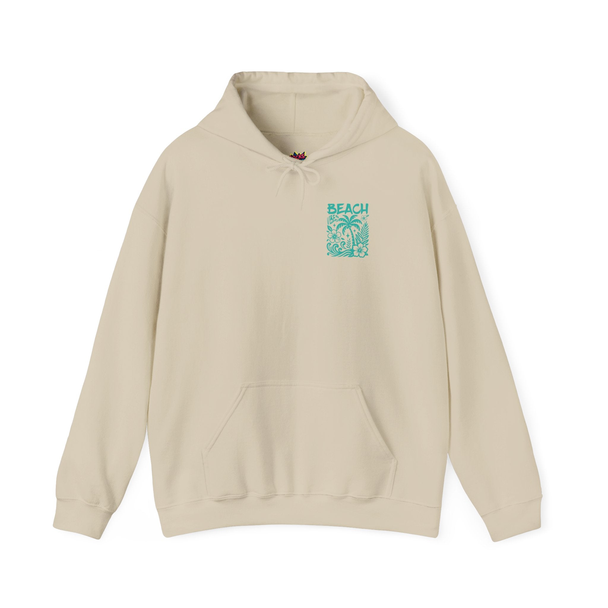 Beige hoodie with a teal beach graphic on a white background