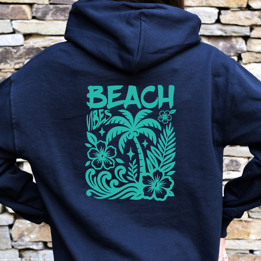 Beach Vibes hoodie back print in Navy — vintage tropical graphic