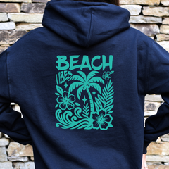 Beach Vibes hoodie back print in Navy — vintage tropical graphic
