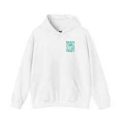 White hoodie with a turquoise beach graphic on a white background