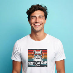 Man wearing a white t-shirt with a cat graphic and text on a blue background